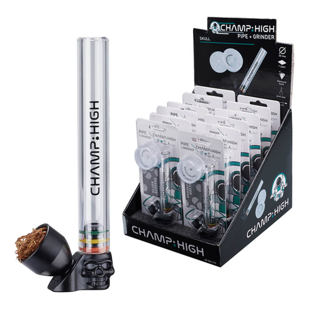 Champ High Clear Glass Skull Pipe with Grinder and Screens